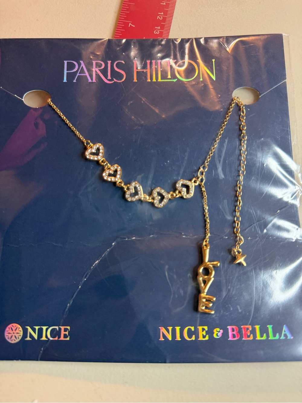 Paris Hilton Gold Heart Crystal Chain Necklace with LOVE Drop